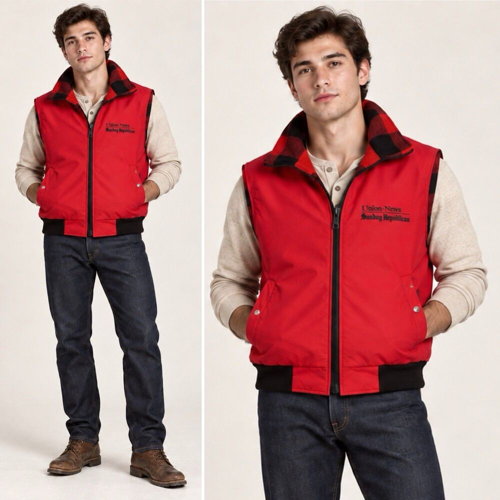 Vintage 90s Mens Reversible Fleece Vest L Red Buffalo Plaid Full Zip Workwear